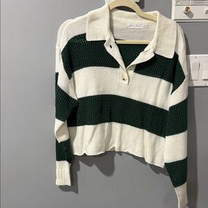 All in Favor Green and White Striped V-Neck Sweater
